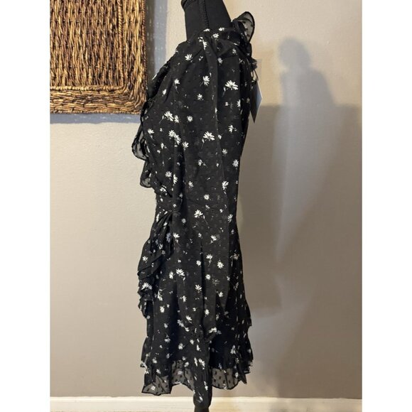 Spring + Mercer Women's Wrap Dress S Swiss Dot Floral Black White Ruffle NEW - Picture 4 of 11